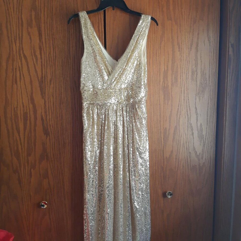 Kate Kasin Women Everning Dress Wedding V Neck Sleeveless Gold Sequin Size 10